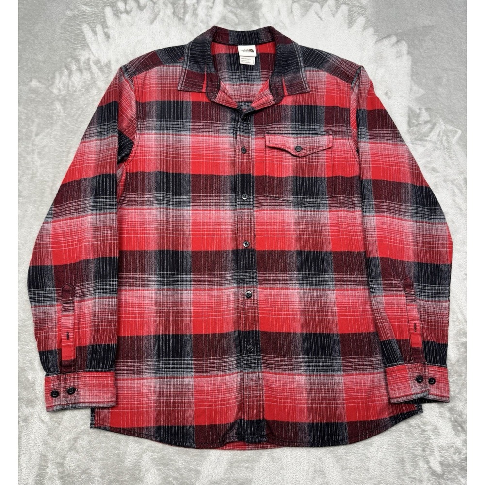 North Face Flannel Shirt Mens Large Red Plaid Long Sleeve Button Down Trail